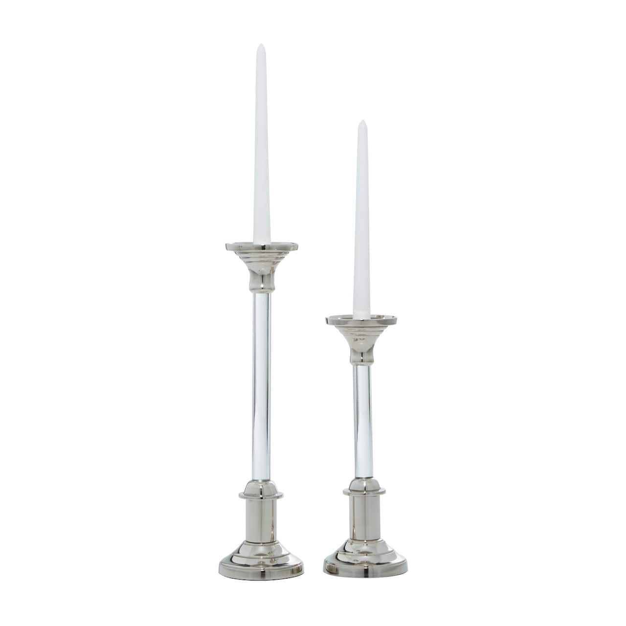 Set of 2 Silver Aluminum Glam Candle Holder, 12", 16"